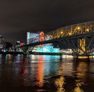A brightly lit casino with neon signs and red lights is reflected in a river. A bridge stretches across the water, with an urban skyline visible in the background against an overcast night sky.
